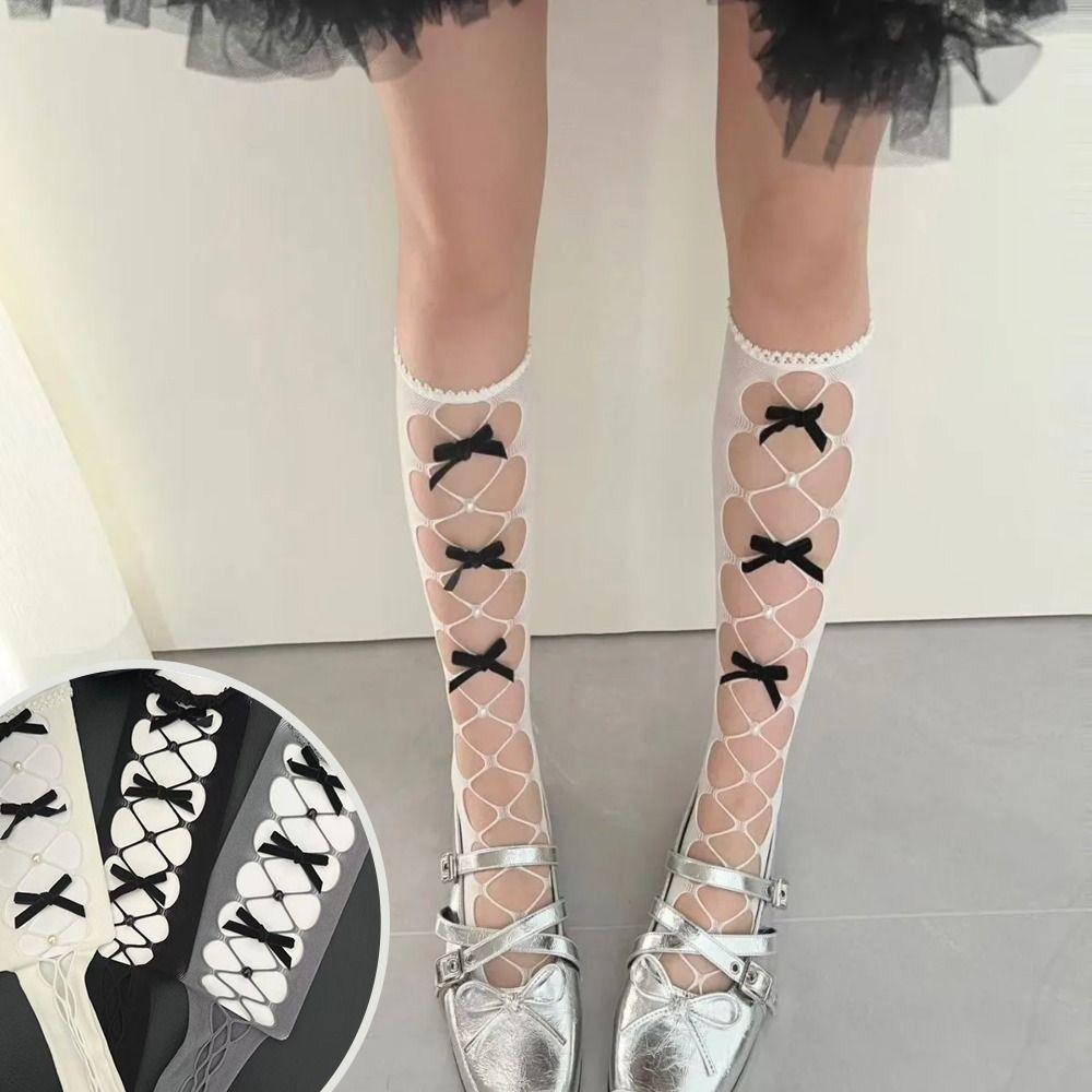 Hollow Out Fishnet Socks Thin Fabric Bow Socks New Net Stockings Girls Women