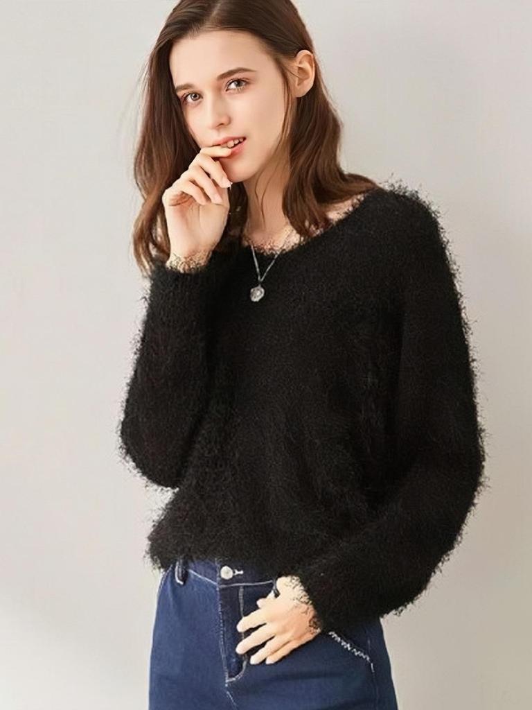 V-Ausschnitt Einfarbig Damen Strickpullover - Imitation Nerz Samt, Lockere Passform für Herbst & Winter