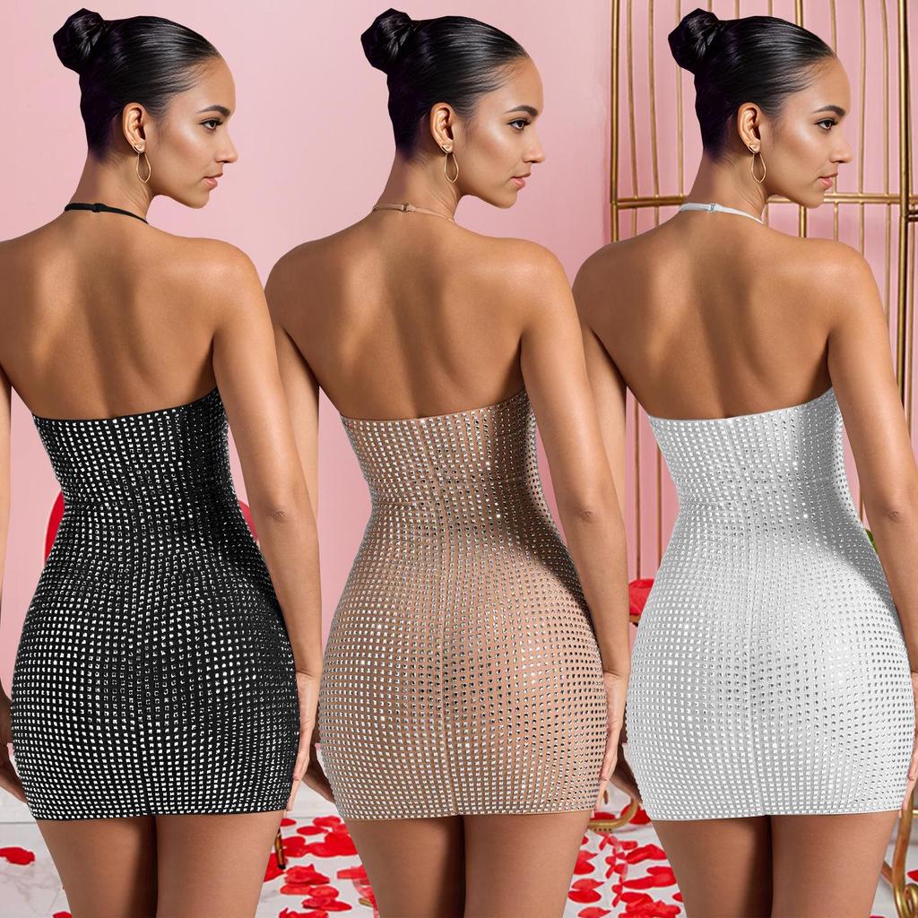 C7179 European & American Fashion Sexy Halter Rhinestone Bodycon Pencil Dress for Women