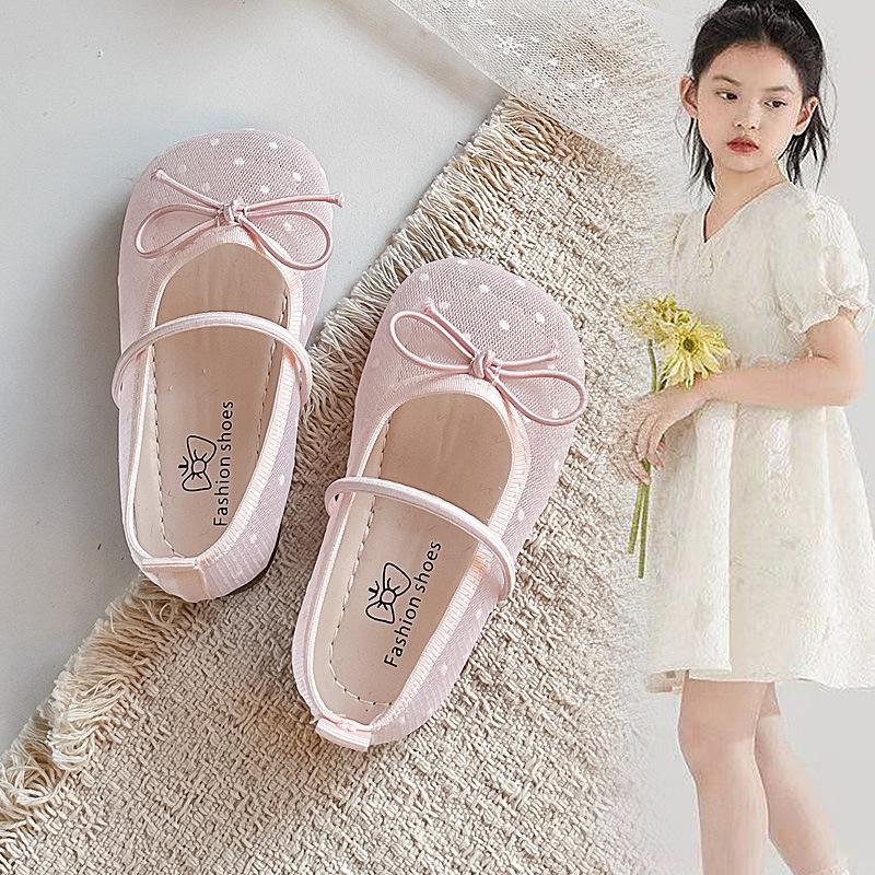 Cute Polka Dot Mesh Shoes for Girls2026Spring and Summer Bow-tie Princess Shoes for Young Children, Middle-aged Children, and Older Children,