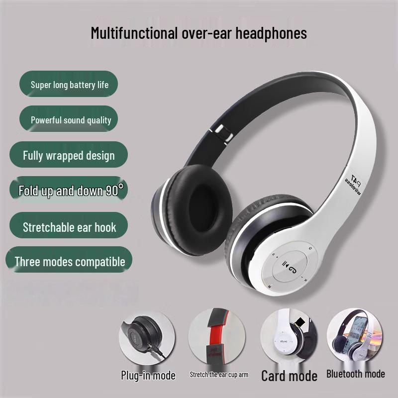 Bluetooth Over-Ear Wireless Headset P47: Foldable, Sports Design, Heavy Bass, Card Slot, Comfortable Fit.