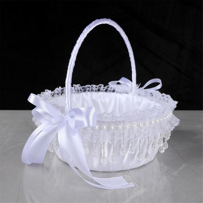 Elegant Crystal Pearls Tassels Basket For Wedding Party Decorations Handcrafted Floral Container With Silk Fabric