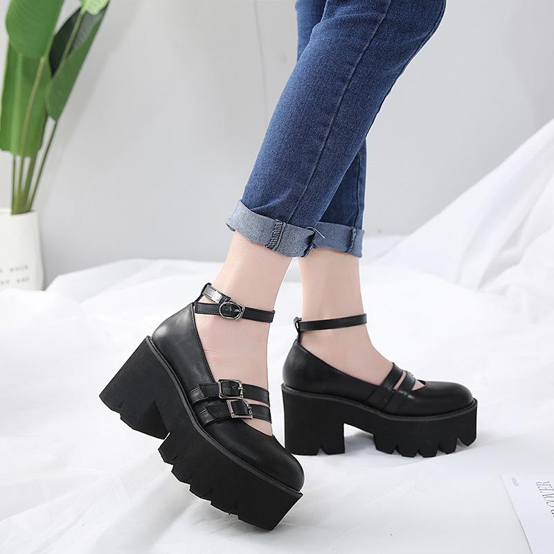 Womens Pump Gothic Shoes Ankle Strap High Chunky Heels Platform Punk Creepers Shoes Female Fashion Buckle Comfortablede39