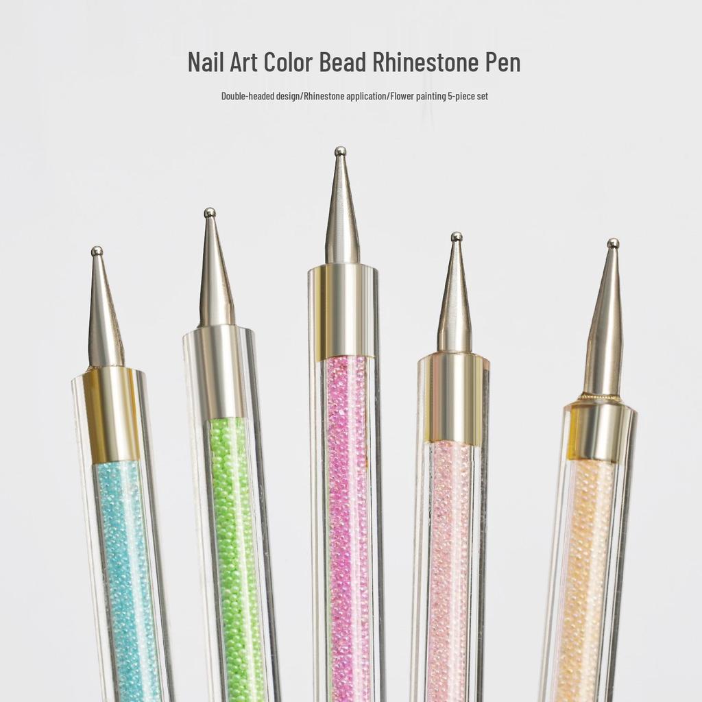 Nail Art Set: 5-Piece Colored Bead Sticks & Double-Ended Rhinestone Pens for Flower Painting & Beading