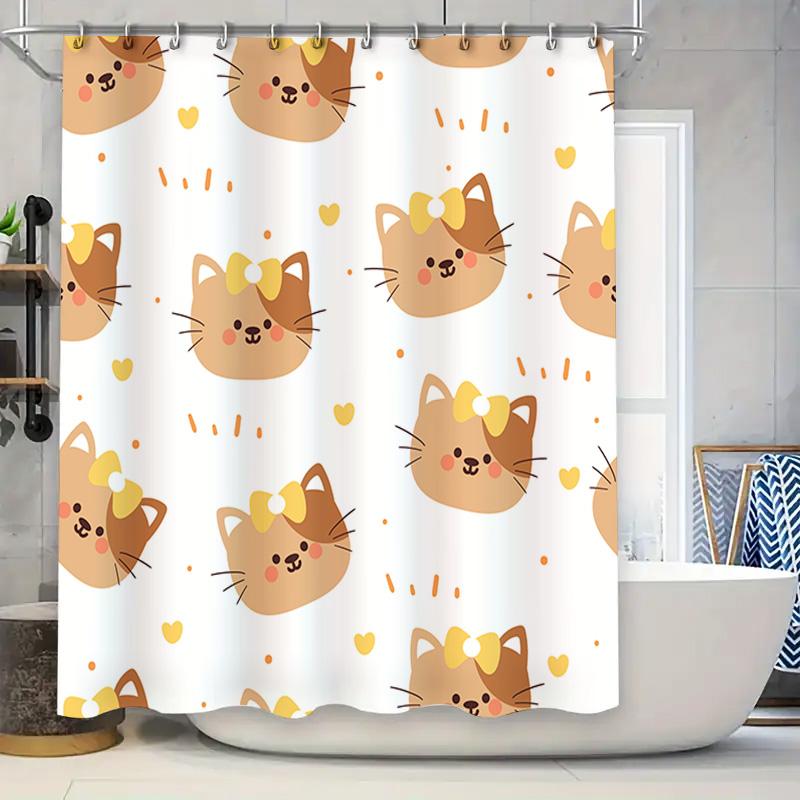 

Bathroom Shower Curtain Cat Print Decorative Waterproof Fabric Bath Room Tassel Rod Pocket Hooks White Yellow Color Pattern Cust W60H190(CM)-1 Pcs