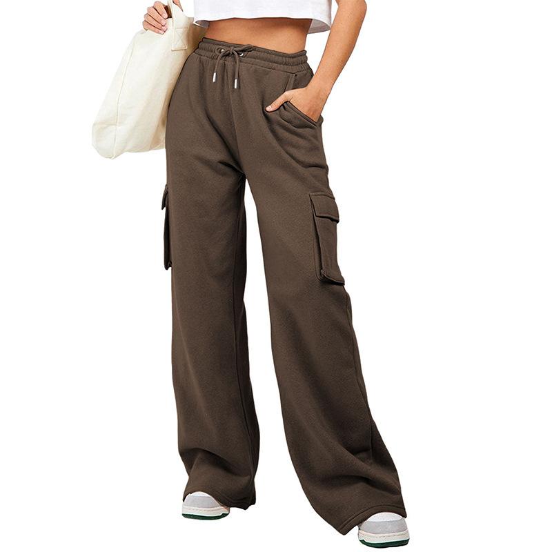 Women's Solid Color Drawstring High Waist Cargo Pocket Wide Leg Sweatpants Casual Loose Fit Sport Trousers