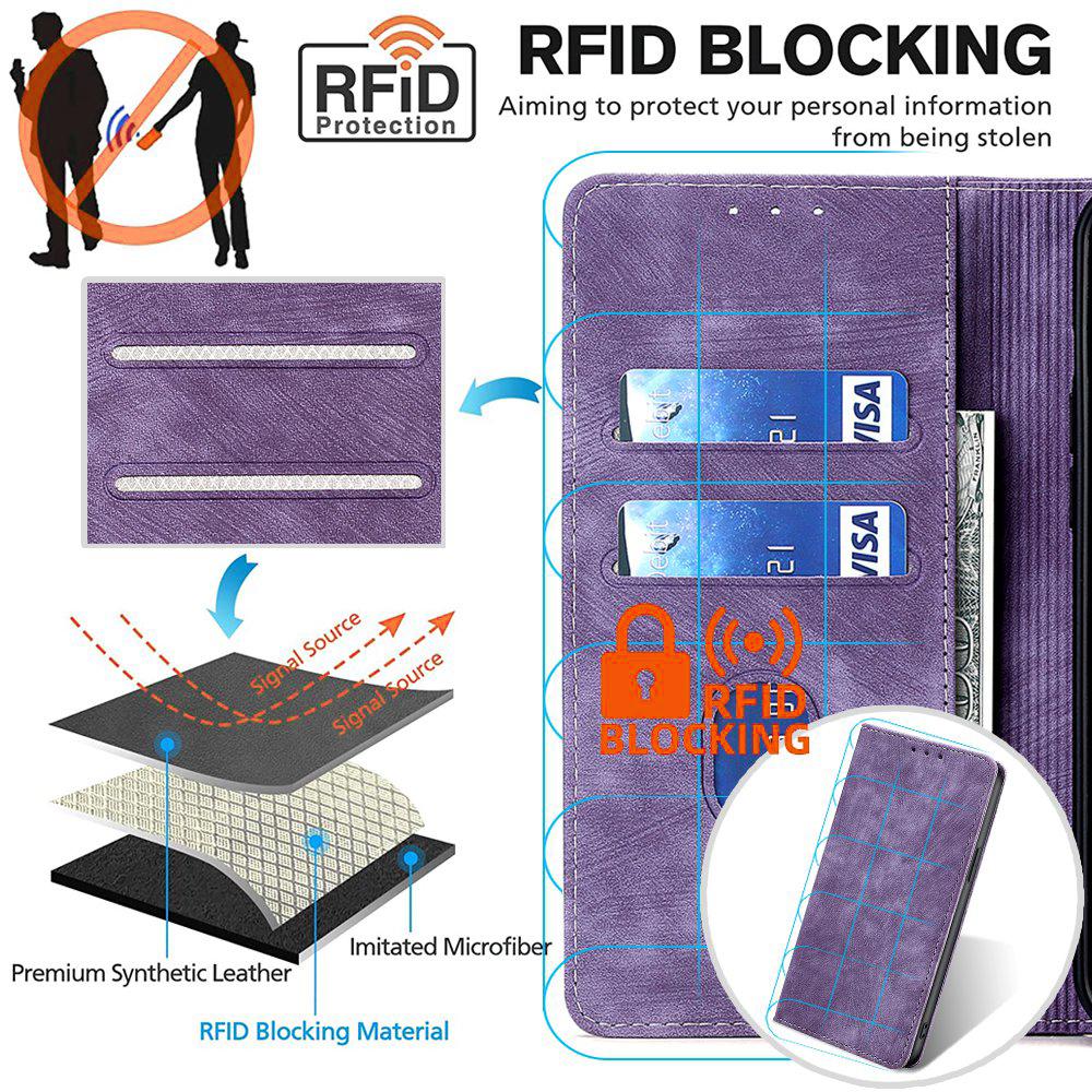 For iPhone 15 RFID Blocking Leather Wallet Stand Phone Case Magnetic Closing Anti-fall Cover