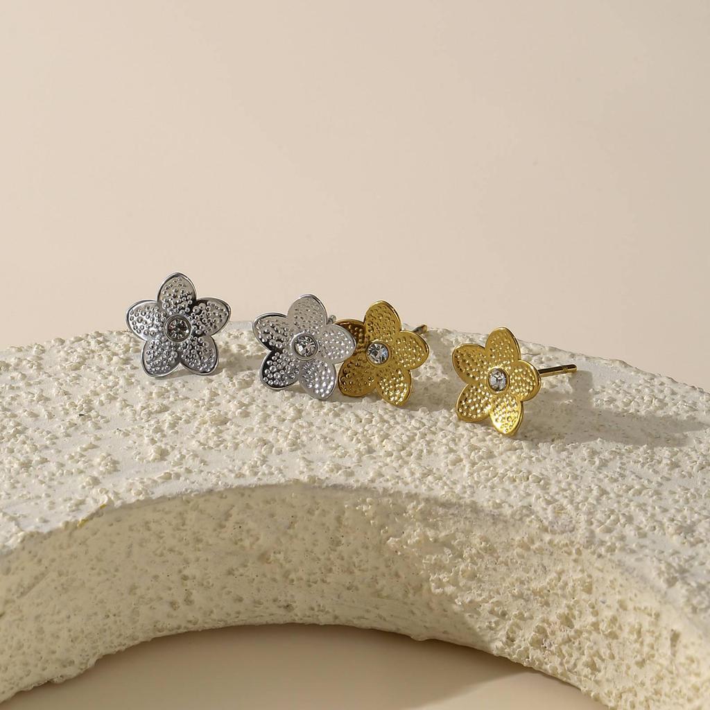 304 Stainless Steel Five-Petal Flower Earrings with Cubic Zirconia