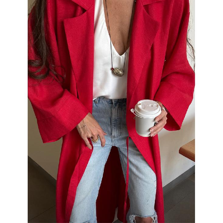 Sommer Neues Damen Stilvolles Rotes Leinen Wickel Maxi Kleid Revers Kimono Ärmel Gürtel Lange Robe Elegantes Schickes Kleid