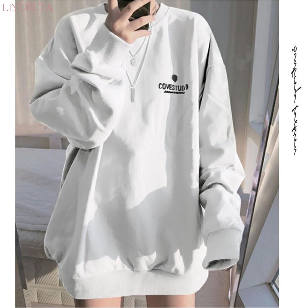 LIYURLTA Oversized Loose Plus Casual Top for and LIY56 Women's Sweatshirt, Fit, Size, Flattering, Lightweight, Spring, Autumn, Winter, (L, White)