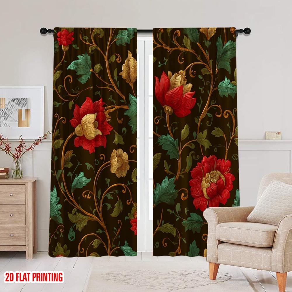 2pcs 2D flat printing Party Curtain Vintage Floral Red Flowers (2) Digital Printed Polyester Drapes Family Party Perfect for