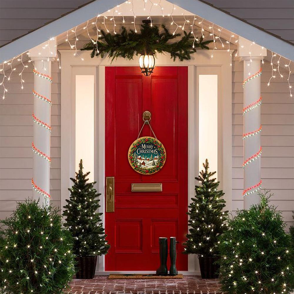 Merry Christmas Wooden Sign with Snow House Pattern - Navidad Wooden Sign for Front Door, Yard, Balcony, Window Decor - Ideal Christmas Gift