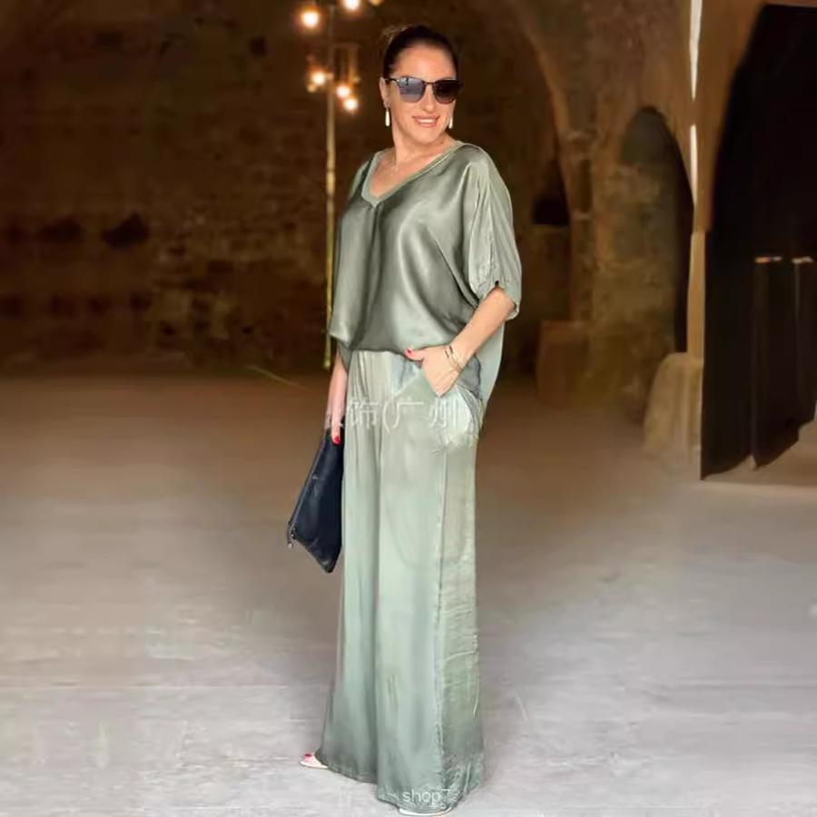Women's Two Piece Set Pants Spring/Autumn Satin Loose V-Neck Casual Top Wide Leg Pants Fashion Set