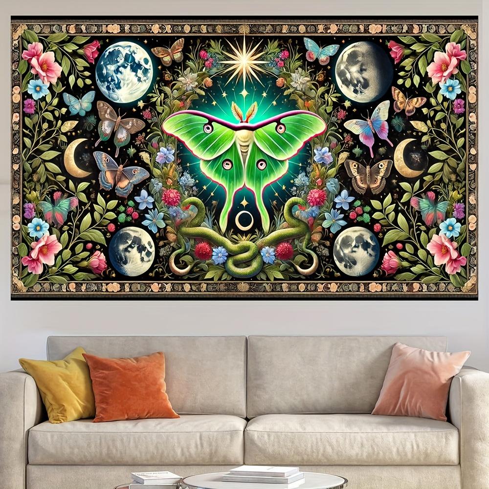 Luna Moth Wall Tapestry Cosmic Butterfly Art Moon Phases Floral Pattern Mystical Nature Decor Boho Living Room Wall Hanging