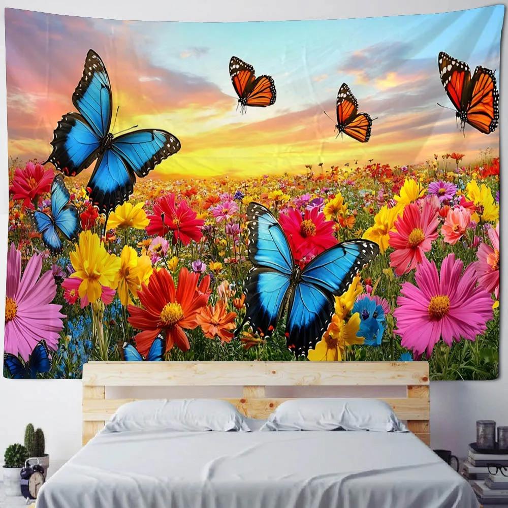 Flower Butterfly Printing Tapestry Dreamy Landscape Wall Hanging Cloth Mandala Hippie Home Decoration Bed Sheet Tablecloth