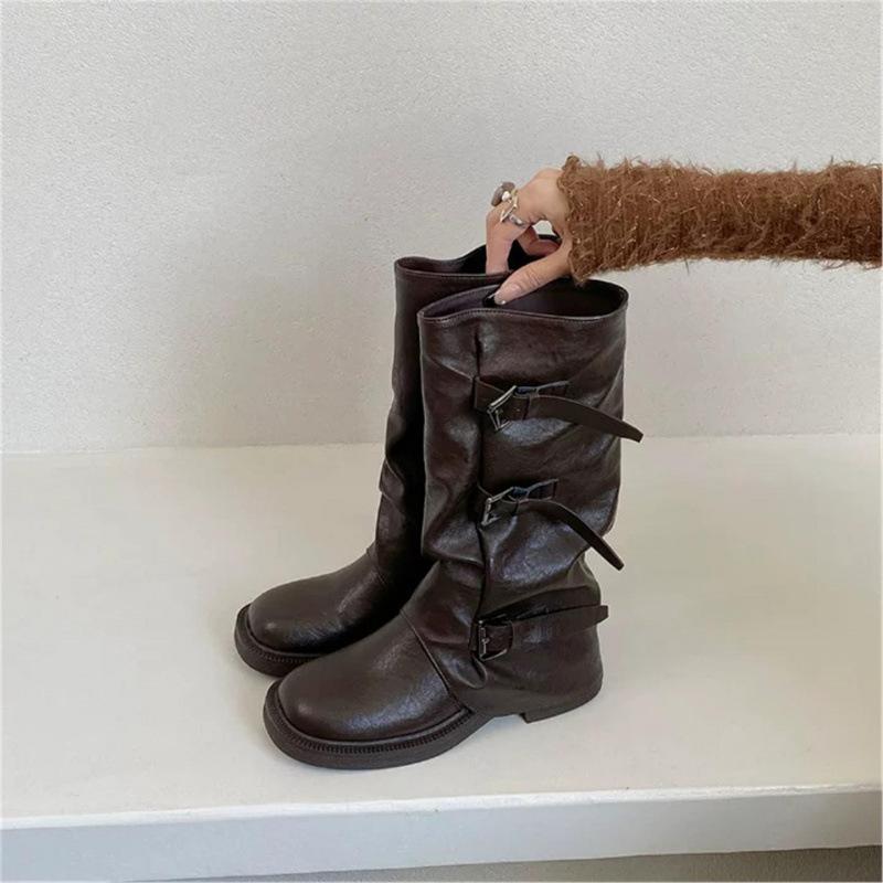 

ALIGUIFEI fashionable round head thick heel belt buckle trouser tube boots women s retro pleated thick-soled stacking boots high boots 39