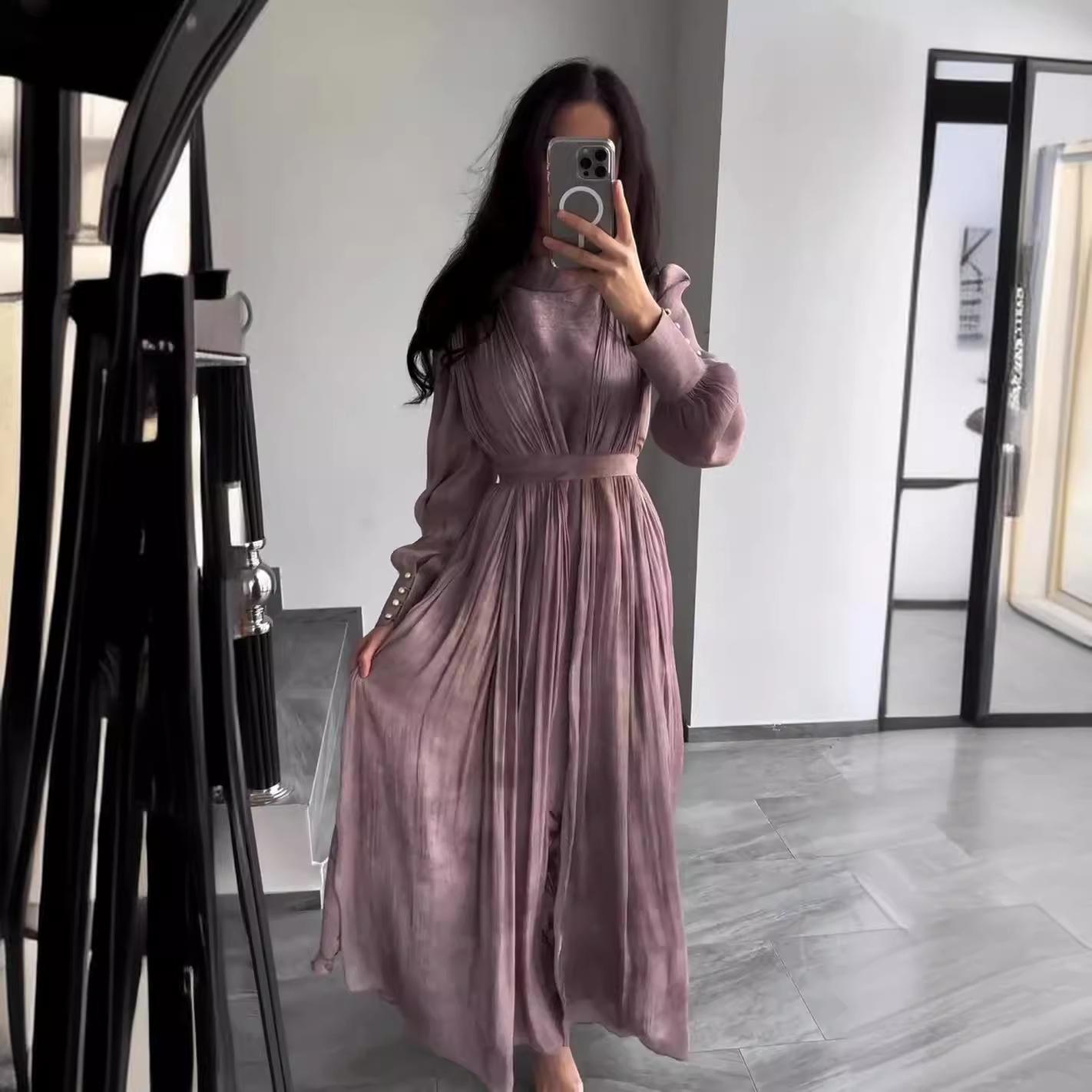 

2024 Осеннее платье с цветочным принтом, завязкой на талии, стройнящее, плиссированное XXXL пурпурно красный