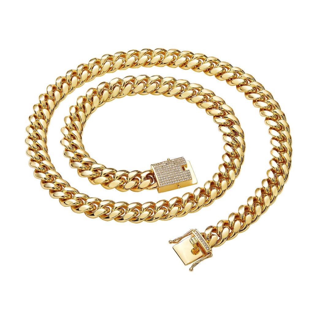 Fashion Men's Hip Hop Rap Jewelry 14mm Iced Out CZ Buckle Real Gold Plated Stainless Steel Miami Cuban Link Chain Necklace