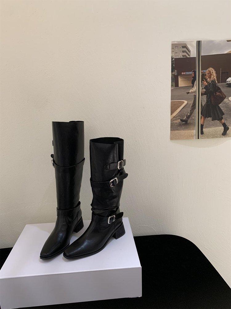 Khaki High Heel Suede Pile Medium Boots Women's Boots 2025 Fall Winter Western Skinny Long Knight Boots