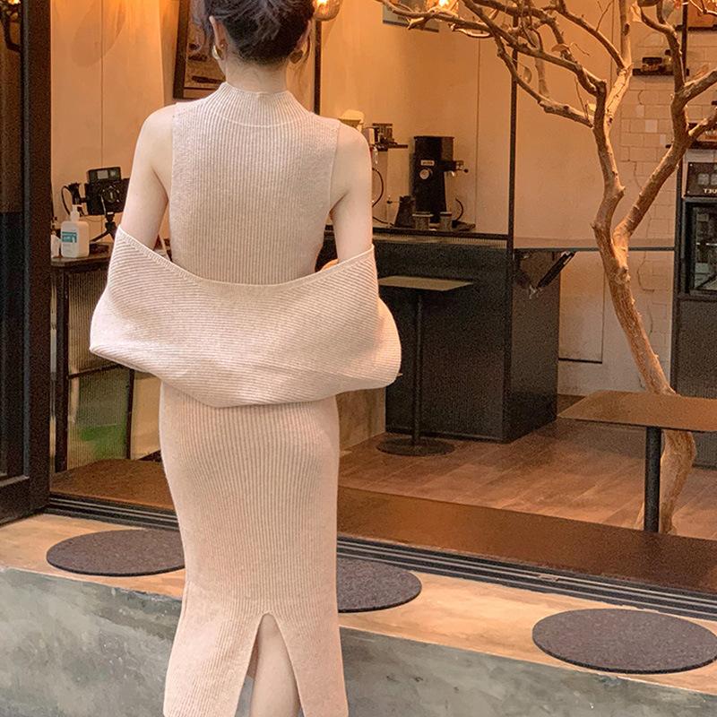 Dámské zimní 2 Pack Dlouhé svetr Bodycon Šaty Mock Neck Knited Cardigan