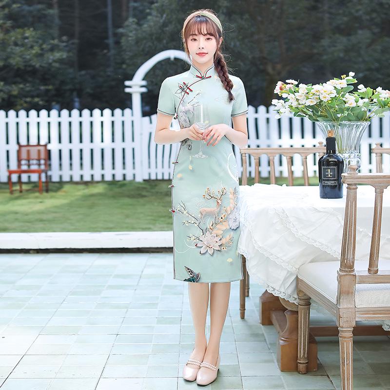 Robe Cheongsam Rétro Stretch Quadridirectionnel Moyen Simple Couche 2025