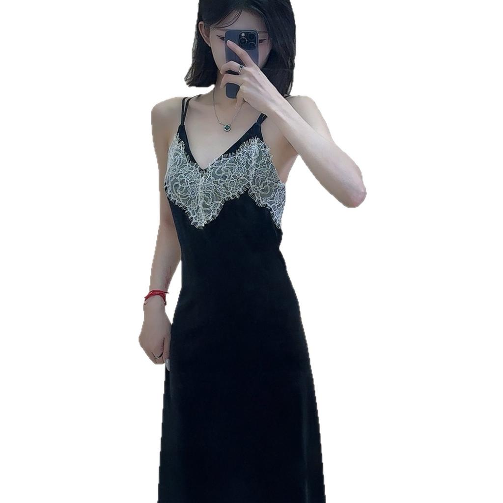 Golden Velvet Sexy Pajamas Women's Chest Pad Suspender Pajamas Two-piece Set Long Over Knee Pure Desire High-end Homewear