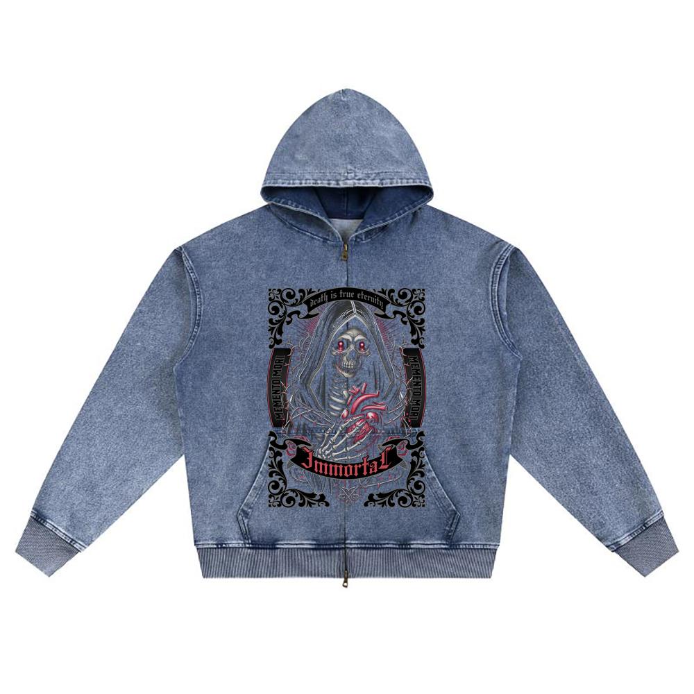 DTG Print Knitted Denim Zip-Up Hoodie Immortal Brother Print Zipper Hoodies  