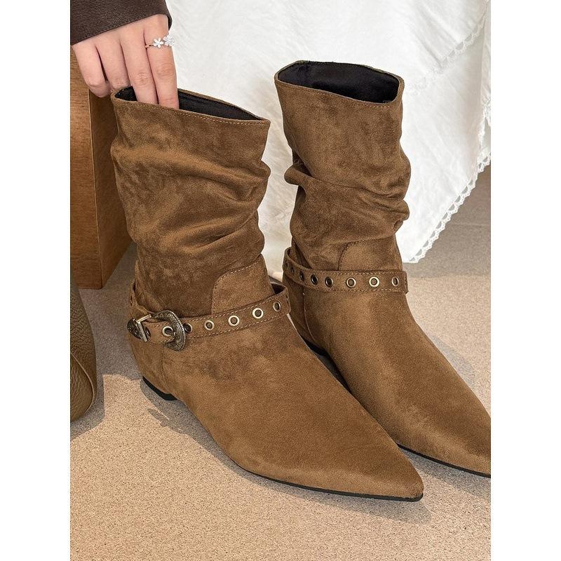 Ambiance d'automne ! Boucle de ceinture pointue marron Maillard bottines intérieures bottes simples d'automne et d'hiver 2025