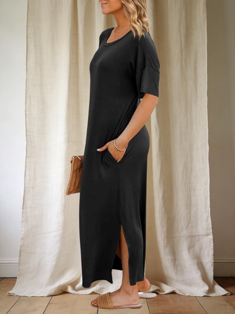 Womens T Shirt Dress Drop Shoulder Side Slit Loose Maxi Dress With Pockets