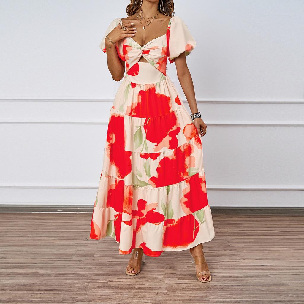 Women's Fashionable V Neck Floral Print Hollowed  Bubble Short Sleeved Dress With Temperament