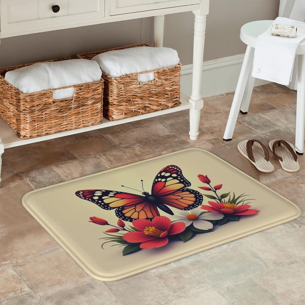1PC Butterfly & Floral Harmony Kitchen Rug Non-Slip Door Mat Pop design Bathroom Rug Bath Mat Carpet for Home Sink Laundry Decor