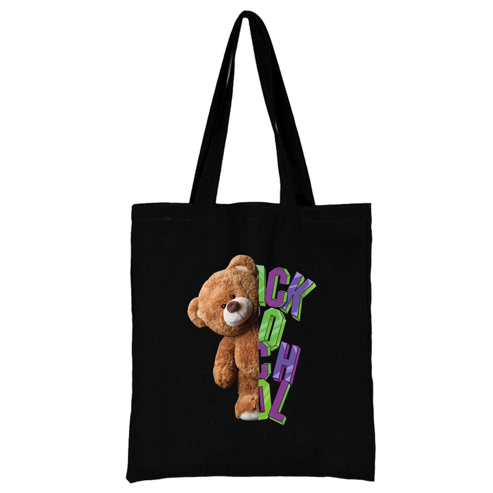 Summer New Teddy Bear Series Canvas Tote Bag Harajuku Style Black Printing High Capacity Shoulder Bag Fashion Shopping Bags