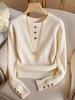 2026 Plus Size Women's Ribbed Slim-fit Solid Color Round Neck Button Long Sleeve Top