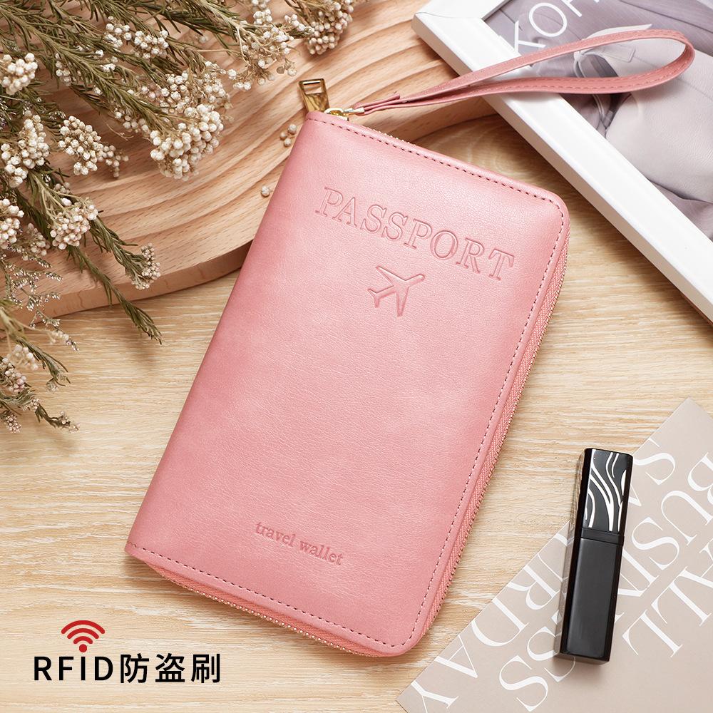 Men Women RFID Blocking Leather Passport Holder Travel Wallet Zip Around Passport Cover Document Organizer with Card Slots Wrist Strap