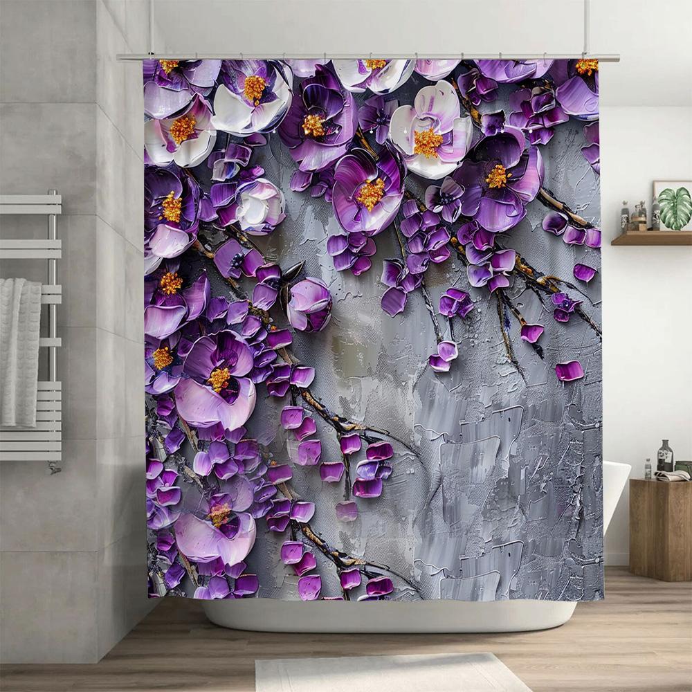 Purple Blossom Shower Curtain Wall Decor Home Decoration Waterproof Bath Mat Floral Design Bathroom Accessories Rustic Chic Deco