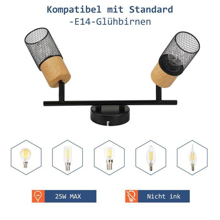 Plafonnier - NETTLIFE - Spot en bois et métal - 2x E14 - Orientable 350° - Noir
