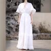 Johnature Women Vintage Tierred Dress V-Neck Short Sleeve Solid Color Summer Patchwork Casual Female Dress
