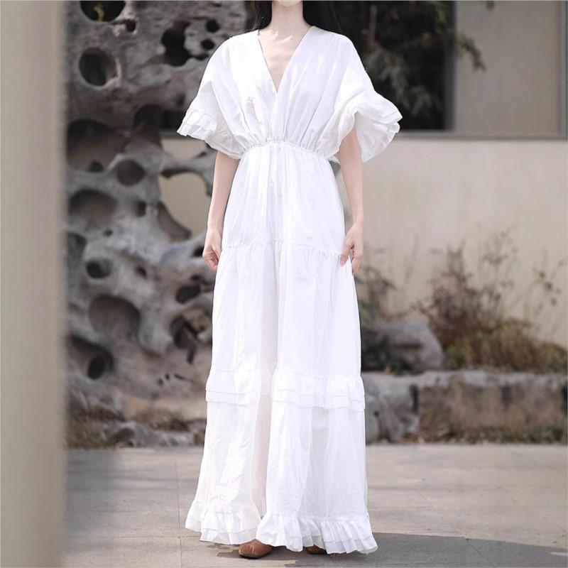 Johnature Women Vintage Tierred Dress V-Neck Short Sleeve Solid Color Summer Patchwork Casual Female Dress