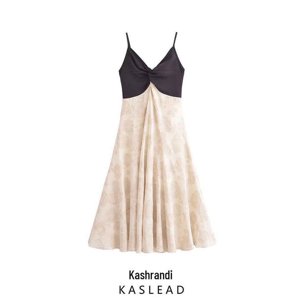 2025 Spring Women's European & American Style Color Block Jacquard Spaghetti Strap Long Dress