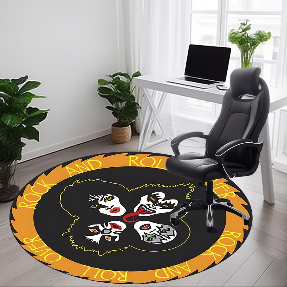 1PC KISS Band Logo Office Round Rug - Perfect for Office or Study Decor, Machine Washable, Non-Slip Backing, Decorative Floor Mat