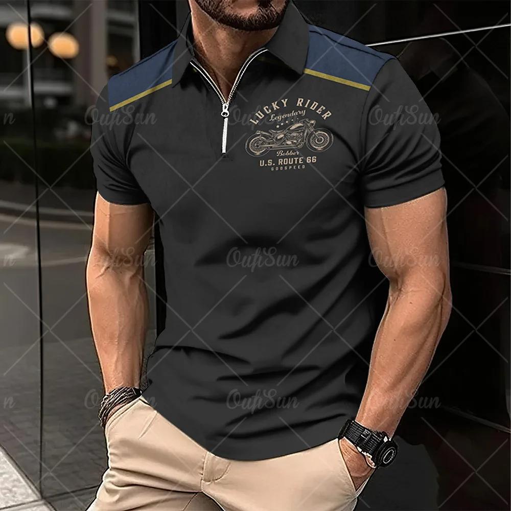 Men's retro short sleeved polo, classic lapel and half zipper polo, motorcycle pattern, large streetwear, summer