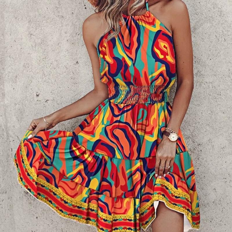 Women's summer sexy off-shoulder suspender dress elegant sleeveless backless casual dress women's pleated high waist beach dress