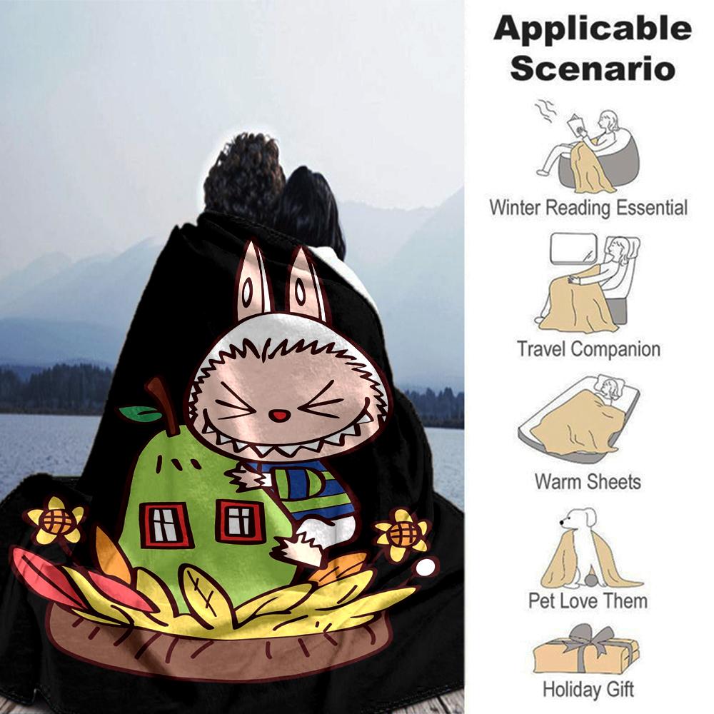 1Pc Labubu Cute Cartoon Blanket Soft Comfortable Polyester Blanket All Season Cozy Throw Bedroom Office Outdoor Use Christmas Gift Choice Print Home B