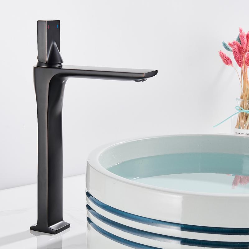 Bathroom Basin Sink Faucet Deck Mounted Square Brass Tall Mixer Single Handle Hot and Cold Water Mixer Tap