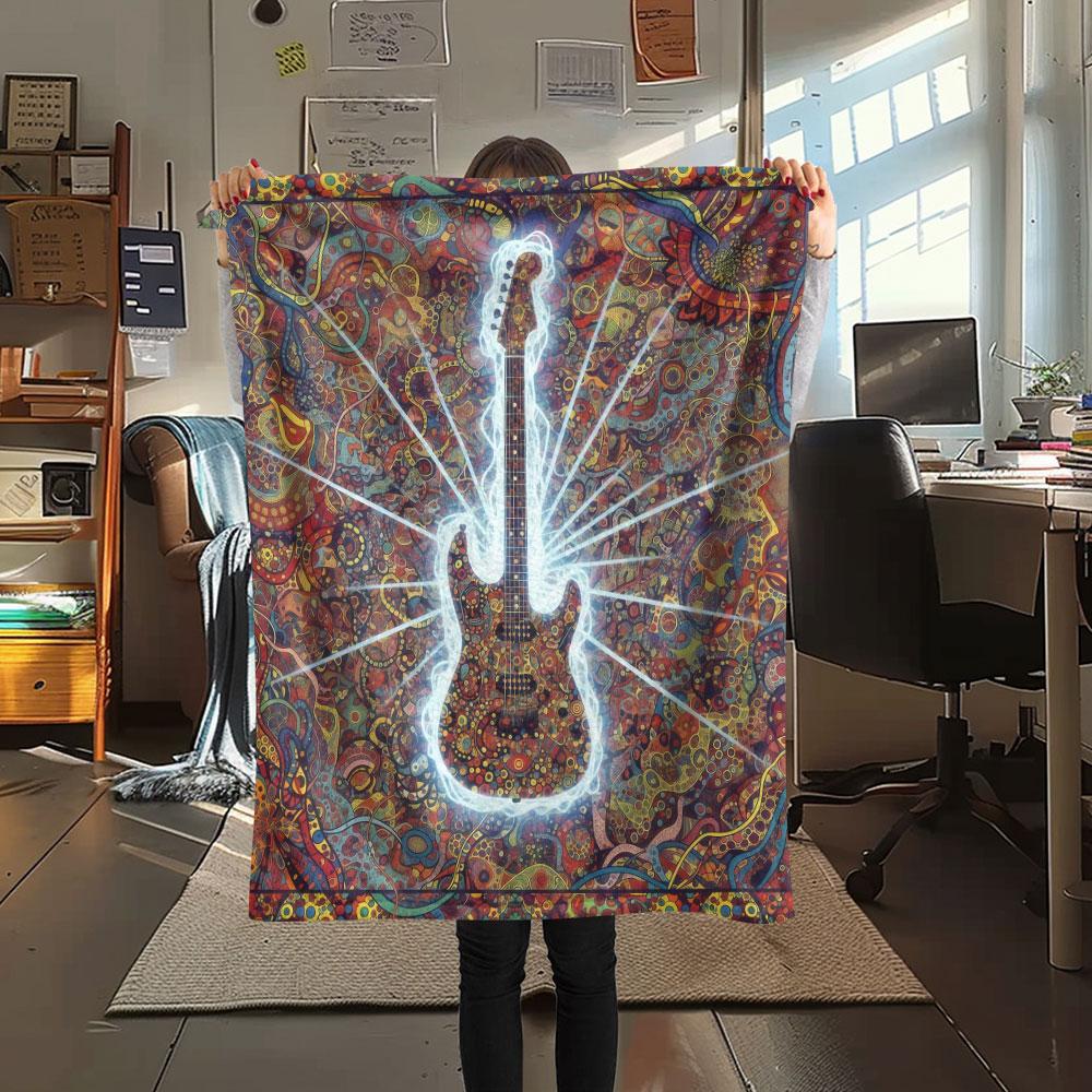 1Pc Vintageguitar Print Flannel Blanket, High quality Comfortable for All Seasons, Home Decor, Warmth and Comfort, Perfect for Christmas Gifts