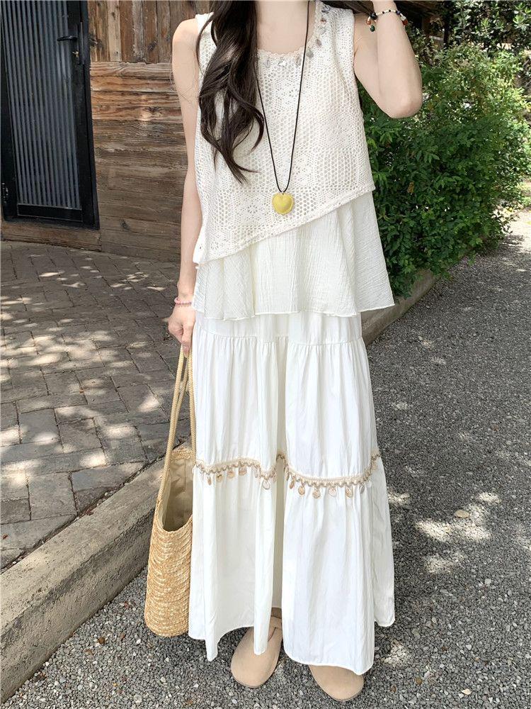 2025 Summer Ethnic Chinese Retro Hollow Camisole Dress Set - Sleeveless, High Waist, Two-Piece