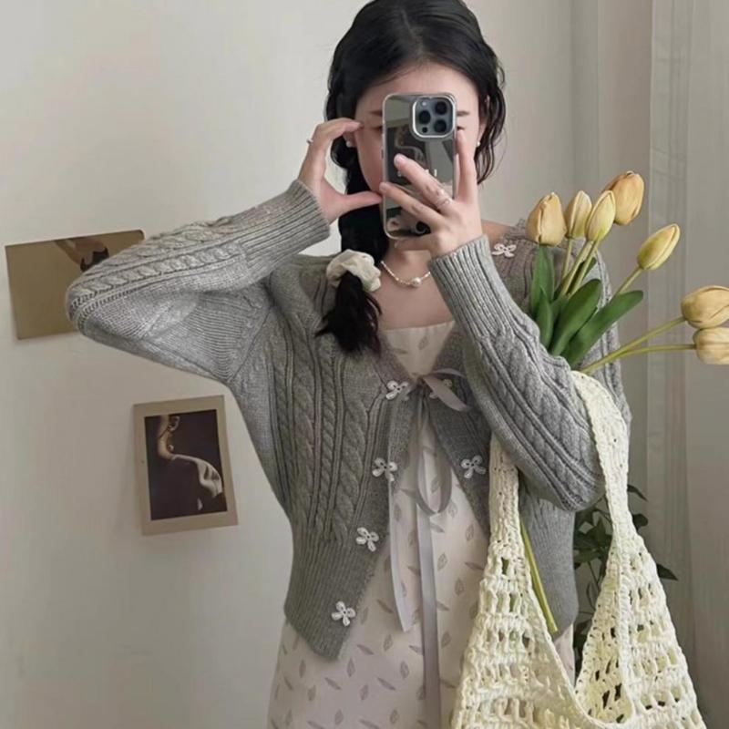 Korean Fresh Style Bow Knit Cardigan Women Autumn Retro Design Sweater Coat Top