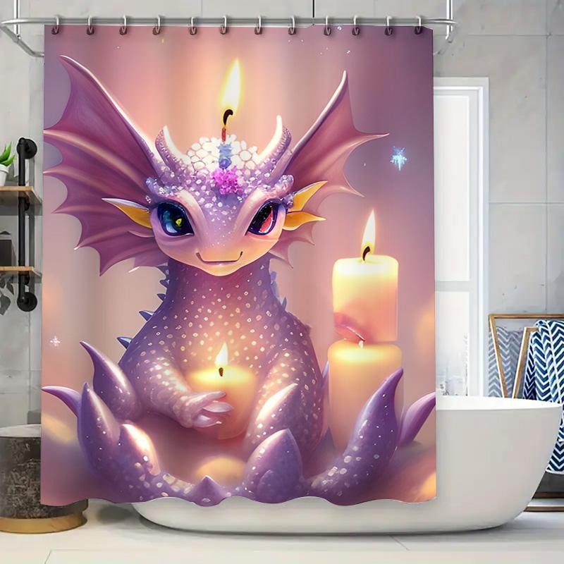 

Adorable Fantasy Dragon Shower Curtain Cute Purple Creature With Candles Decoration For Bathroom Or Nursery W60H190(CM)-1 Pcs