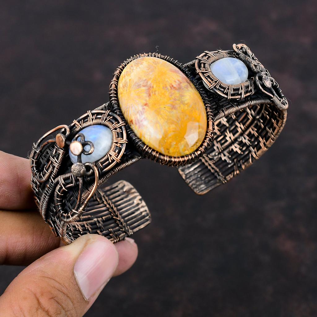 Fossil Coral Gemstone Bangle Copper Wire Wrapped Cuff Bracelet Handmade Adjustable Bangle Copper Jewelry For Gift Rainbow Moonstone Bangle