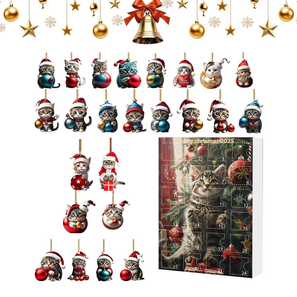 2025 Katze Weihnachten Adventskalender 24 Tage 2D Acryl Anhänger Countdown Kalender Niedliches Geschenk für Kinder Erwachsene Weihnachtsbaumschmuck